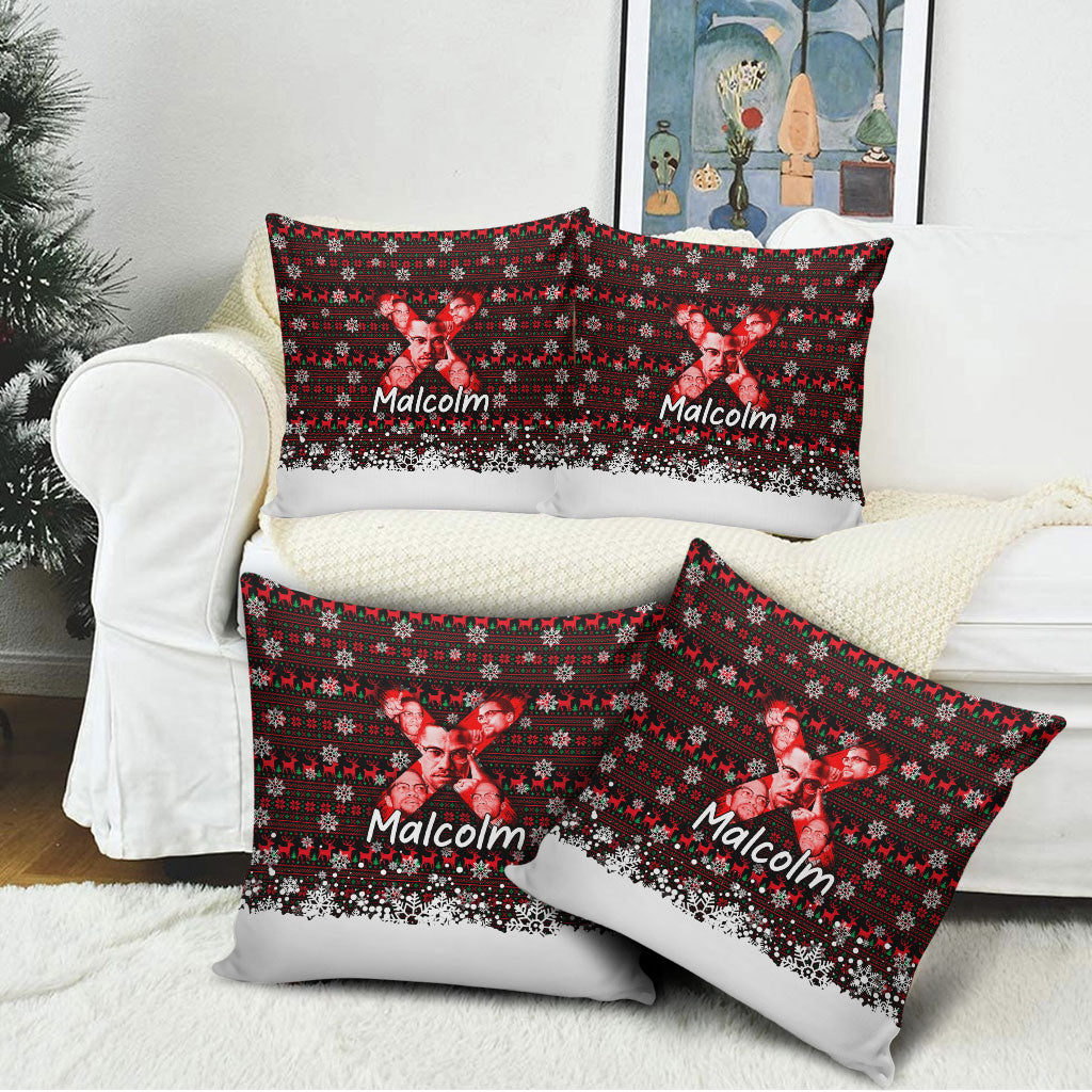 Malcolm X Christmas Pillow Cover Retro Knitted Pattern Holiday Wreath Civil Rights Leader