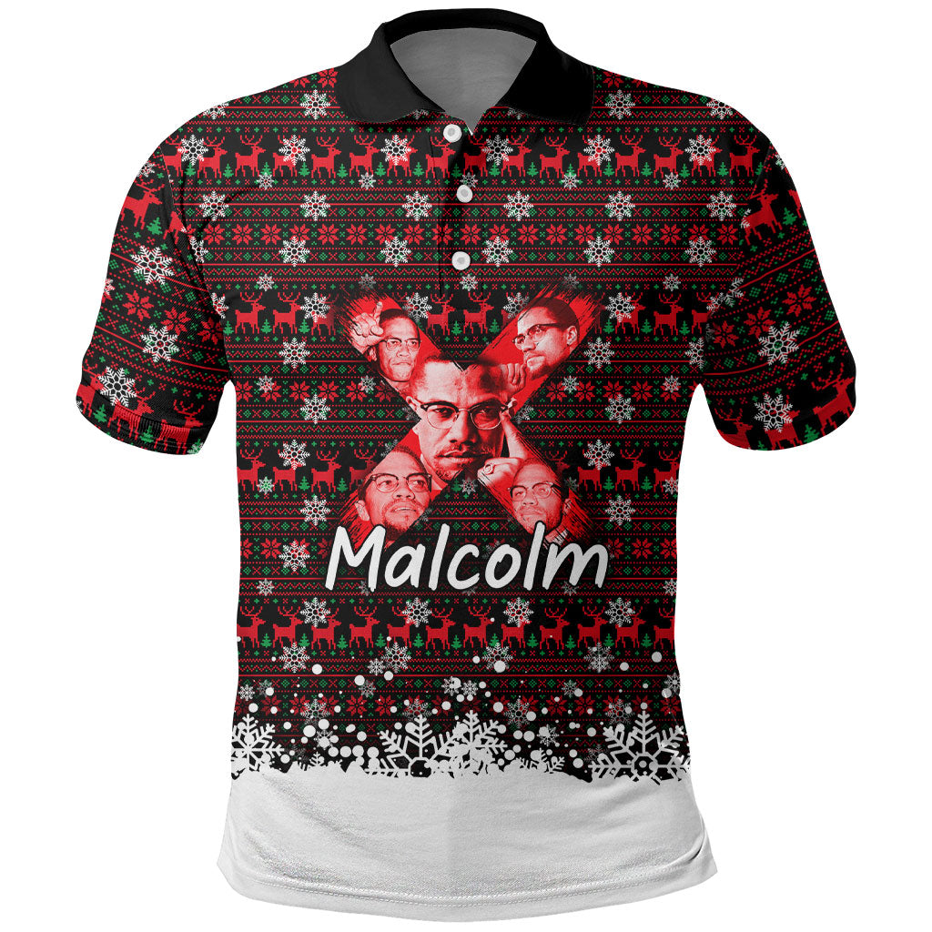 Malcolm X Christmas Polo Shirt Retro Knitted Pattern Holiday Wreath Civil Rights Leader