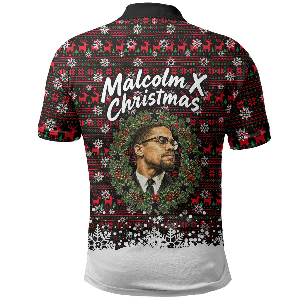 Malcolm X Christmas Polo Shirt Retro Knitted Pattern Holiday Wreath Civil Rights Leader