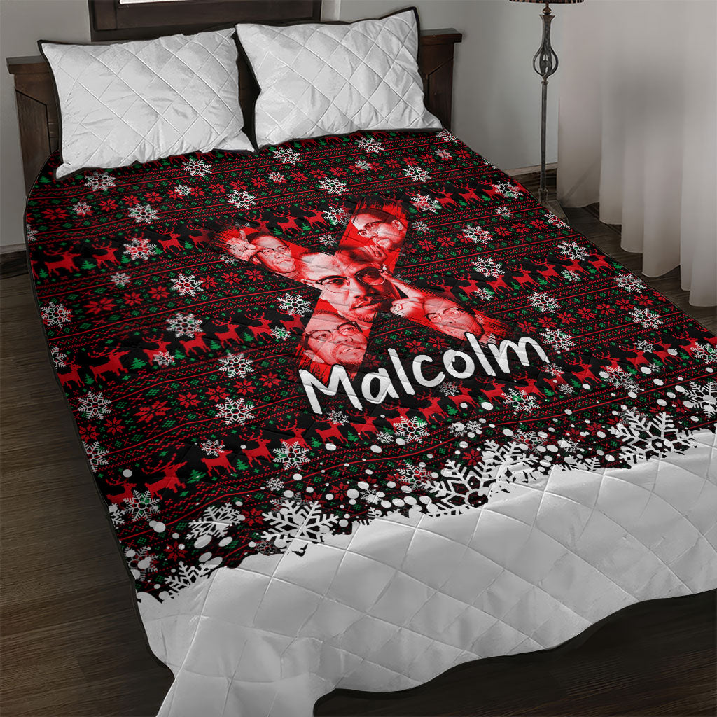 Malcolm X Christmas Quilt Bed Set Retro Knitted Pattern Holiday Wreath Civil Rights Leader
