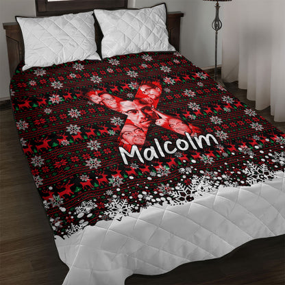 Malcolm X Christmas Quilt Bed Set Retro Knitted Pattern Holiday Wreath Civil Rights Leader