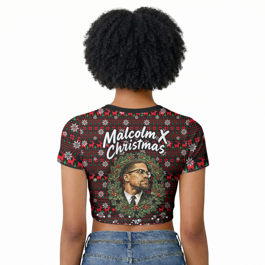 Malcolm X Christmas Raglan Cropped T shirt Retro Knitted Pattern Holiday Wreath Civil Rights Leader
