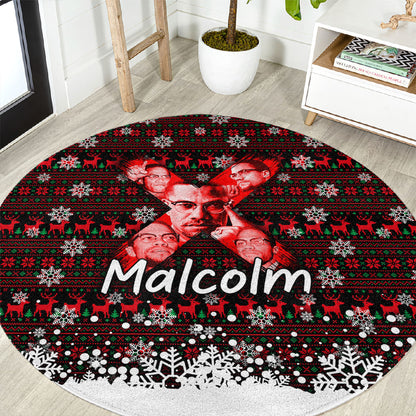 Malcolm X Christmas Round Carpet Retro Knitted Pattern Holiday Wreath Civil Rights Leader