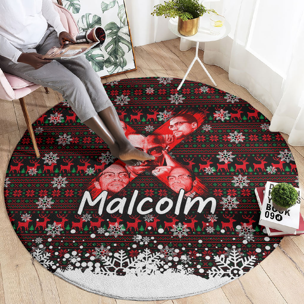 Malcolm X Christmas Round Carpet Retro Knitted Pattern Holiday Wreath Civil Rights Leader