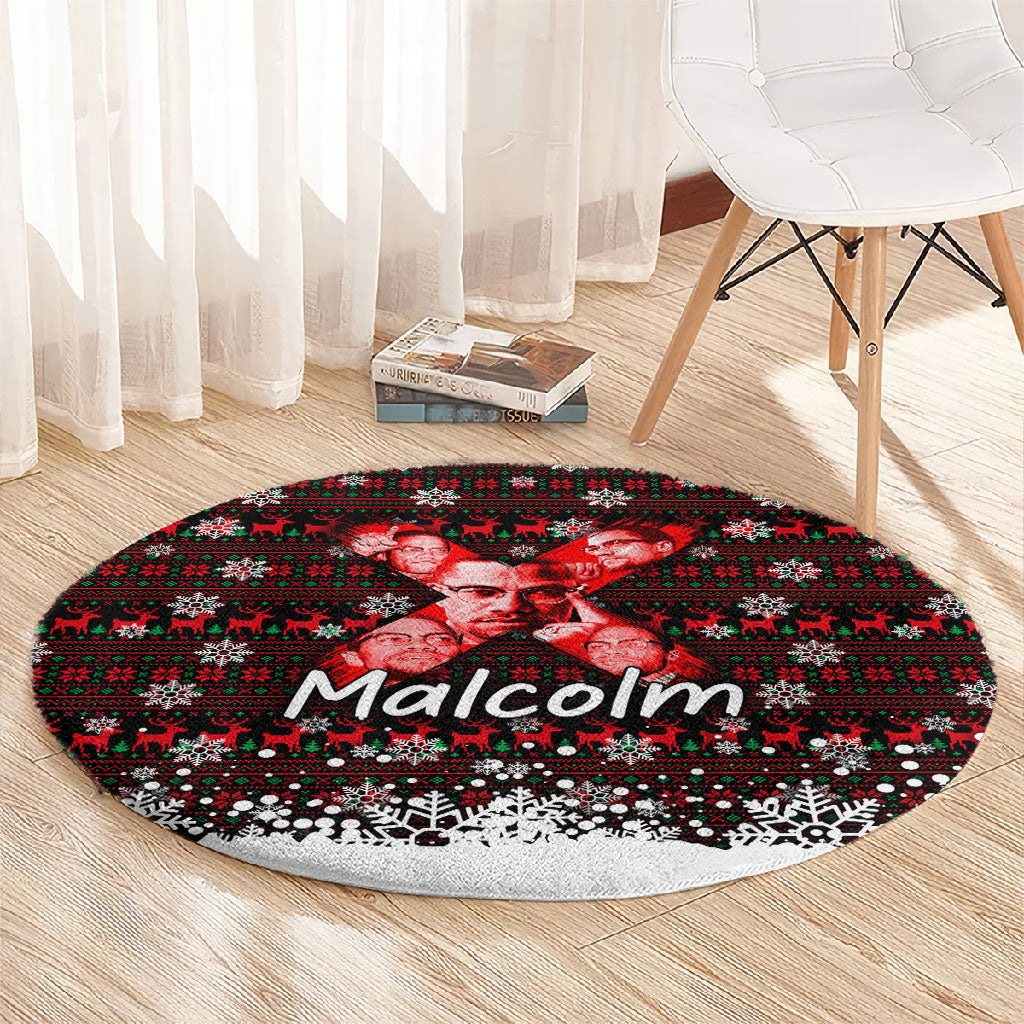Malcolm X Christmas Round Carpet Retro Knitted Pattern Holiday Wreath Civil Rights Leader
