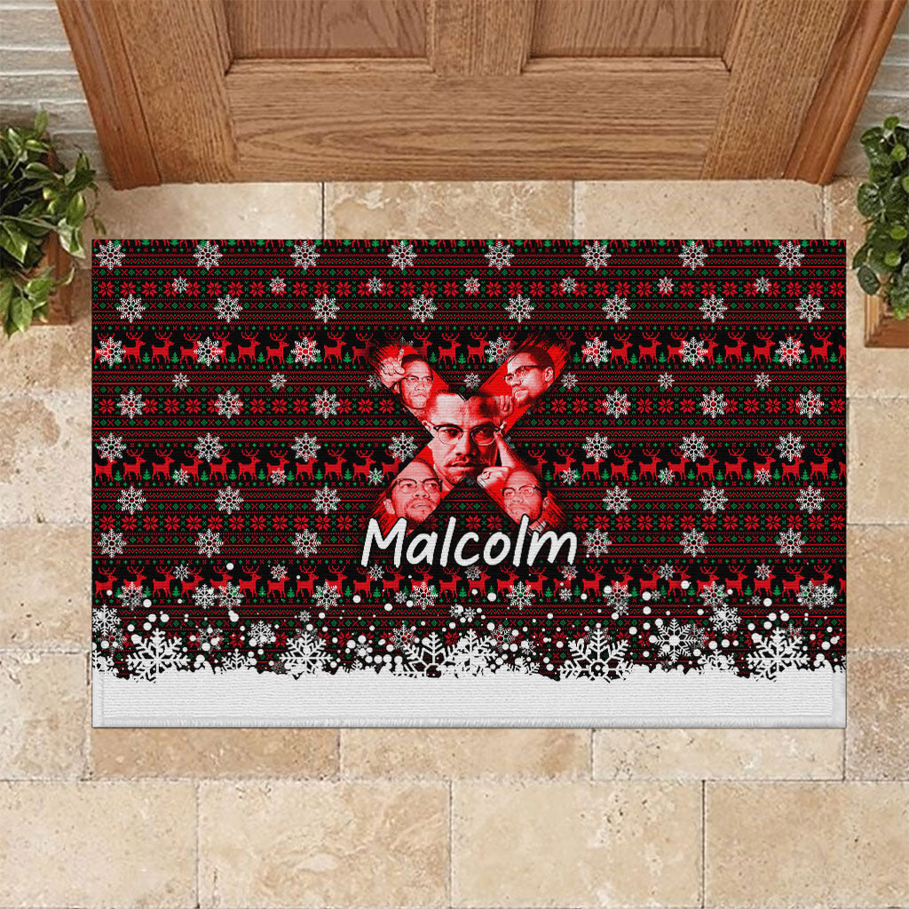 Malcolm X Christmas Rubber Doormat Retro Knitted Pattern Holiday Wreath Civil Rights Leader