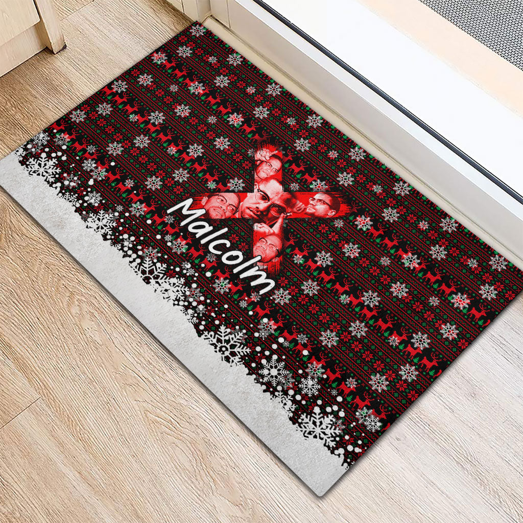 Malcolm X Christmas Rubber Doormat Retro Knitted Pattern Holiday Wreath Civil Rights Leader