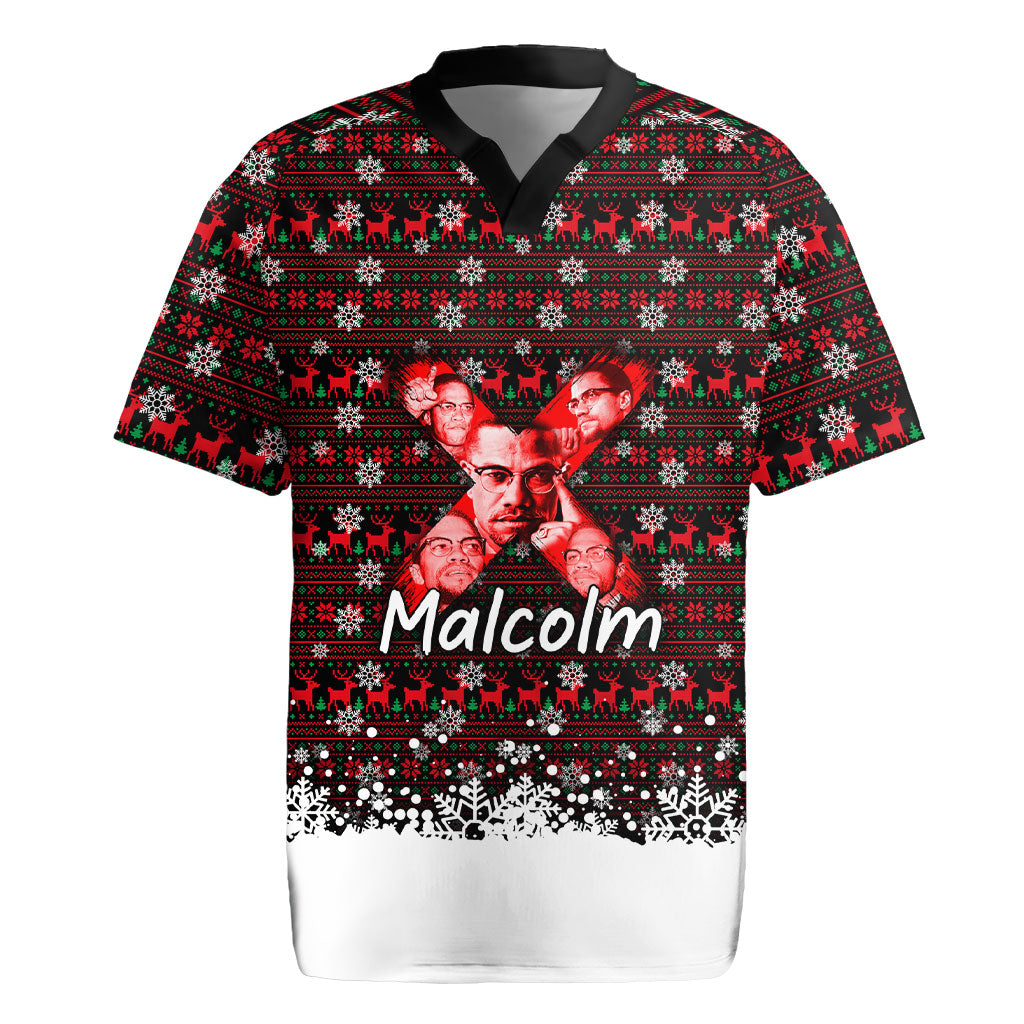 Malcolm X Christmas Rugby Jersey Retro Knitted Pattern Holiday Wreath Civil Rights Leader