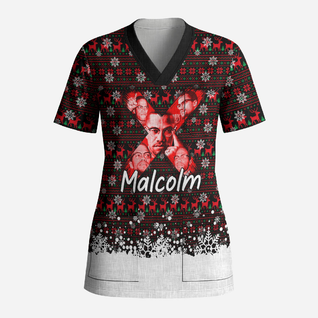 Malcolm X Christmas Scrub Top Retro Knitted Pattern Holiday Wreath Civil Rights Leader