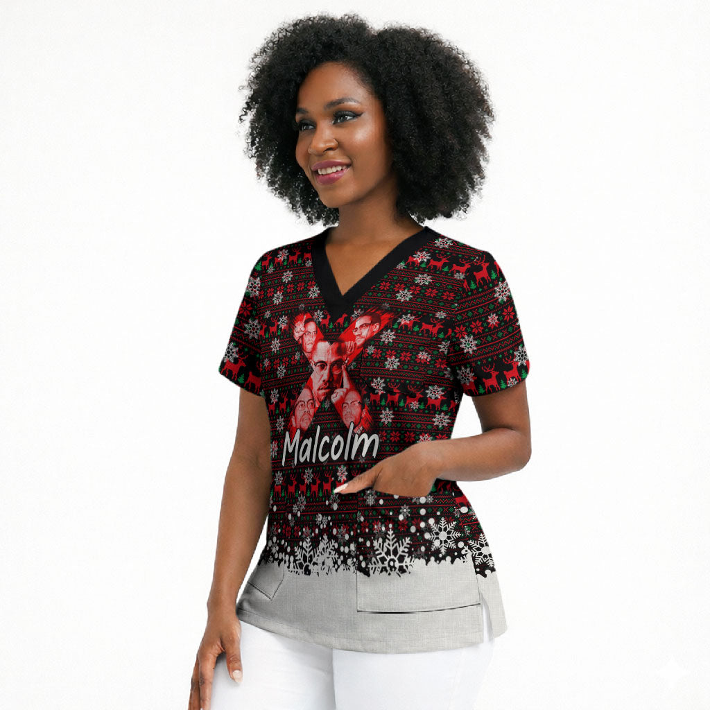 Malcolm X Christmas Scrub Top Retro Knitted Pattern Holiday Wreath Civil Rights Leader