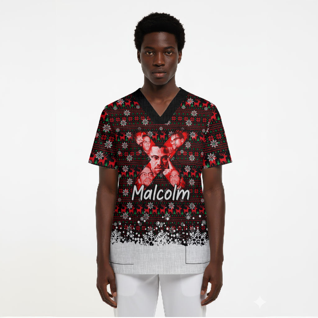 Malcolm X Christmas Scrub Top Retro Knitted Pattern Holiday Wreath Civil Rights Leader