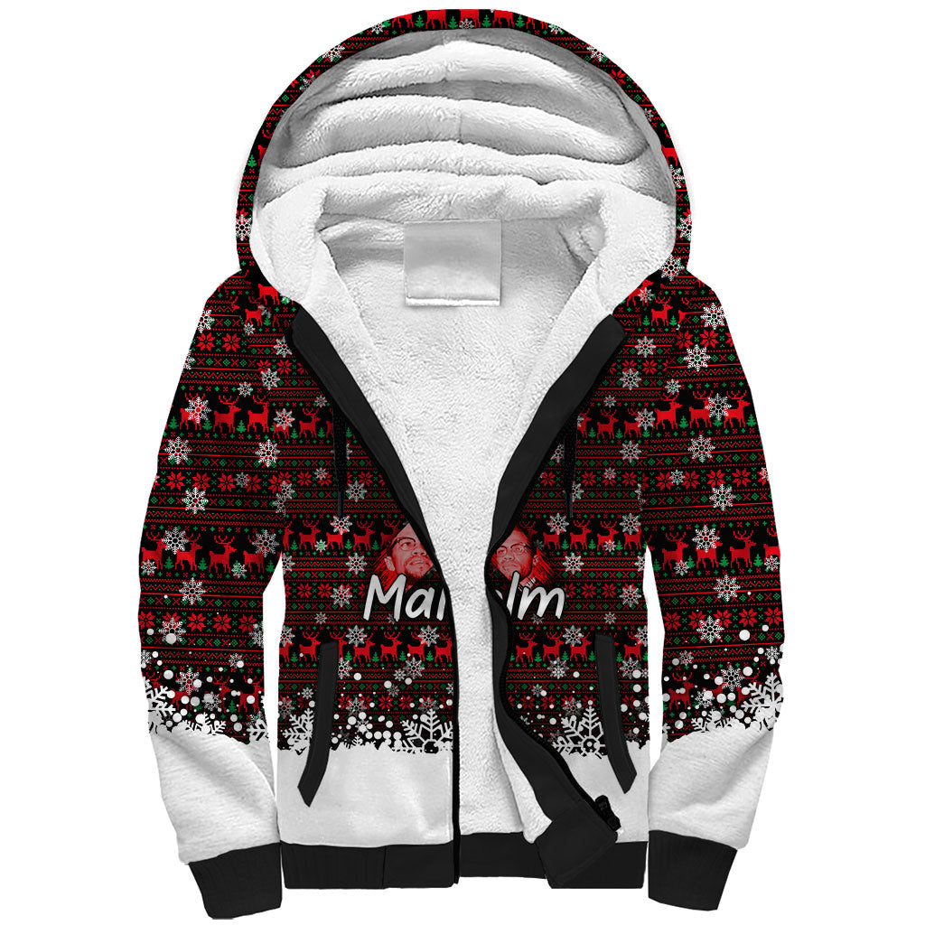 Malcolm X Christmas Sherpa Hoodie Retro Knitted Pattern Holiday Wreath Civil Rights Leader