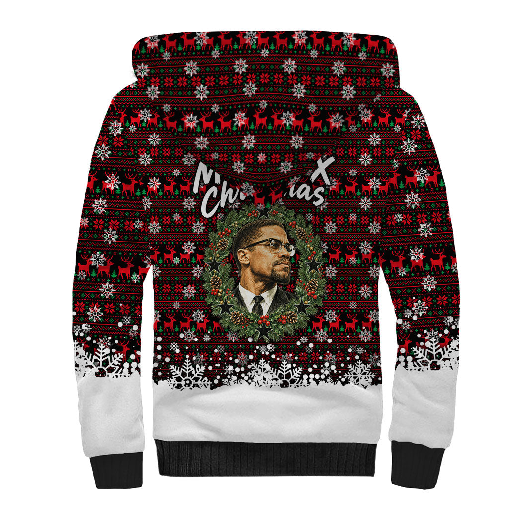 Malcolm X Christmas Sherpa Hoodie Retro Knitted Pattern Holiday Wreath Civil Rights Leader