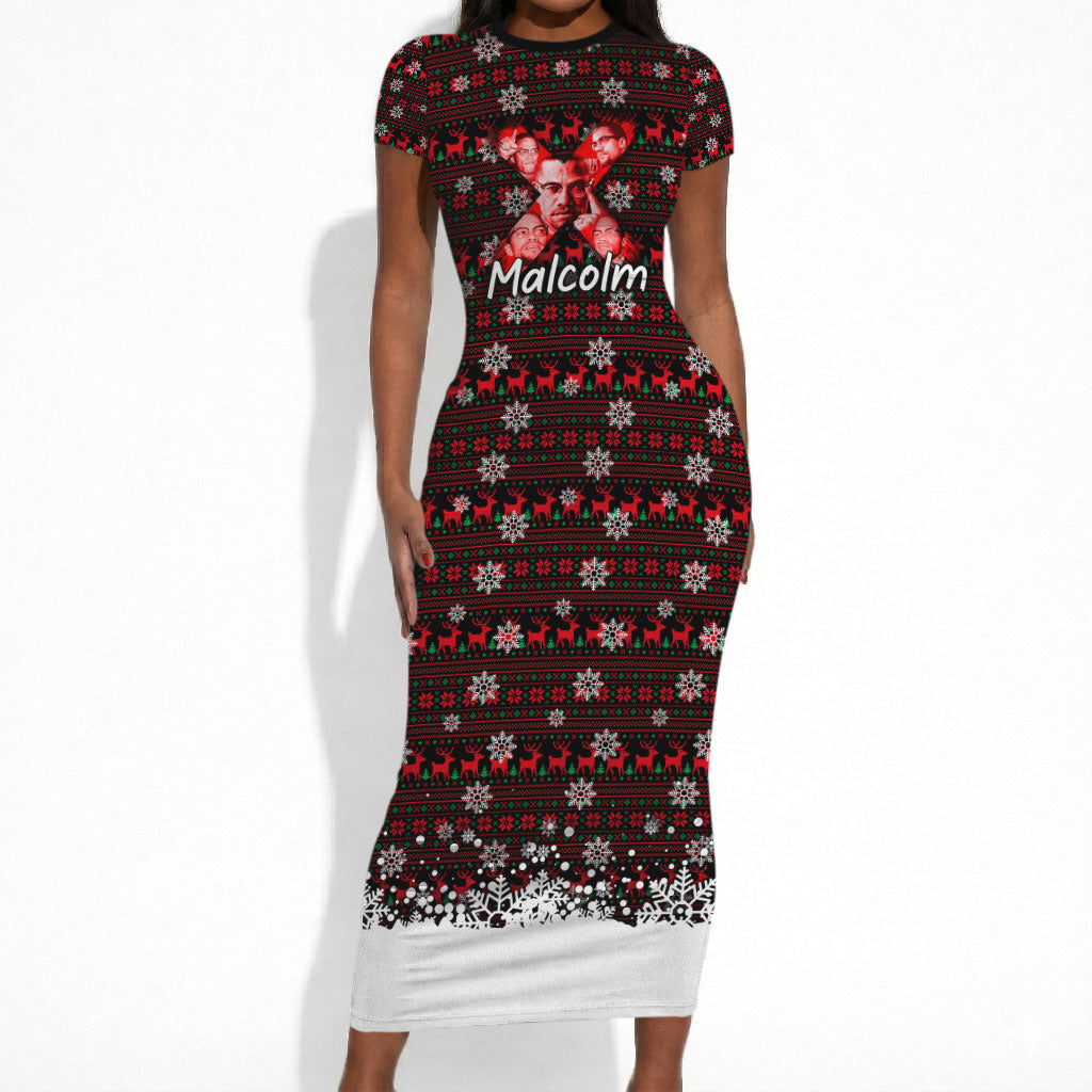 Malcolm X Christmas Short Sleeve Bodycon Dress Retro Knitted Pattern Holiday Wreath Civil Rights Leader