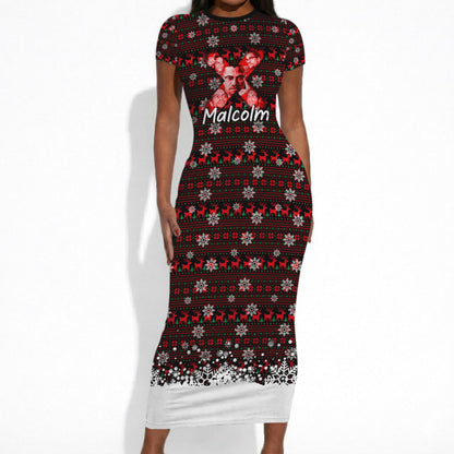 Malcolm X Christmas Short Sleeve Bodycon Dress Retro Knitted Pattern Holiday Wreath Civil Rights Leader