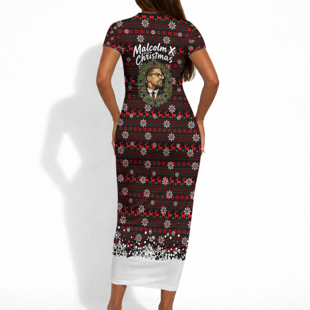 Malcolm X Christmas Short Sleeve Bodycon Dress Retro Knitted Pattern Holiday Wreath Civil Rights Leader