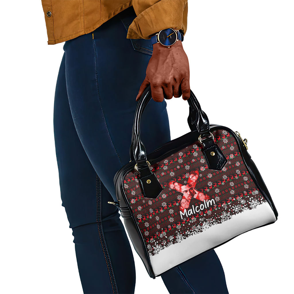 Malcolm X Christmas Shoulder Handbag Retro Knitted Pattern Holiday Wreath Civil Rights Leader