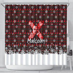 Malcolm X Christmas Shower Curtain Retro Knitted Pattern Holiday Wreath Civil Rights Leader
