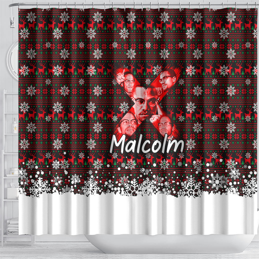 Malcolm X Christmas Shower Curtain Retro Knitted Pattern Holiday Wreath Civil Rights Leader