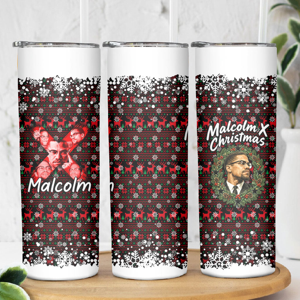 Malcolm X Christmas Skinny Tumbler Retro Knitted Pattern Holiday Wreath Civil Rights Leader