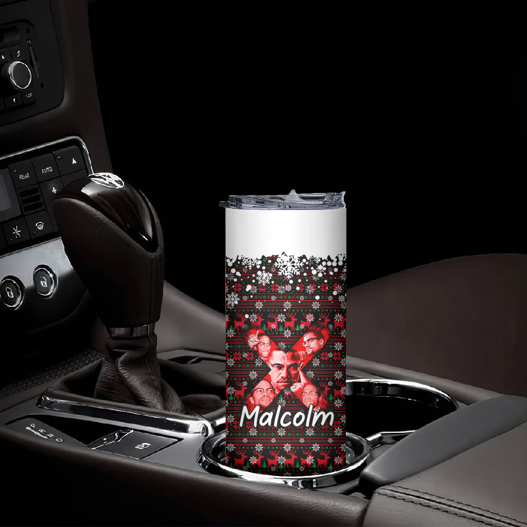 Malcolm X Christmas Skinny Tumbler Retro Knitted Pattern Holiday Wreath Civil Rights Leader