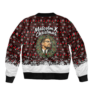 Malcolm X Christmas Sleeve Zip Bomber Jacket Retro Knitted Pattern Holiday Wreath Civil Rights Leader