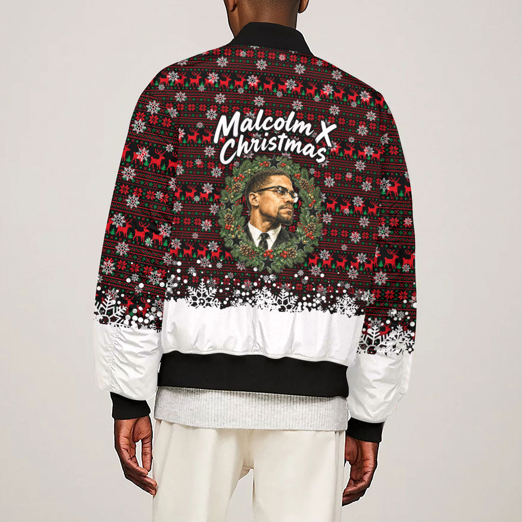 Malcolm X Christmas Sleeve Zip Bomber Jacket Retro Knitted Pattern Holiday Wreath Civil Rights Leader