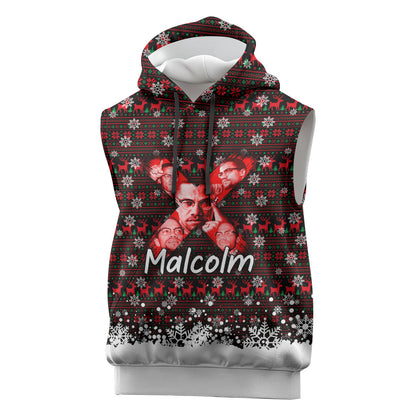 Malcolm X Christmas Sleeveless Hoodie Retro Knitted Pattern Holiday Wreath Civil Rights Leader