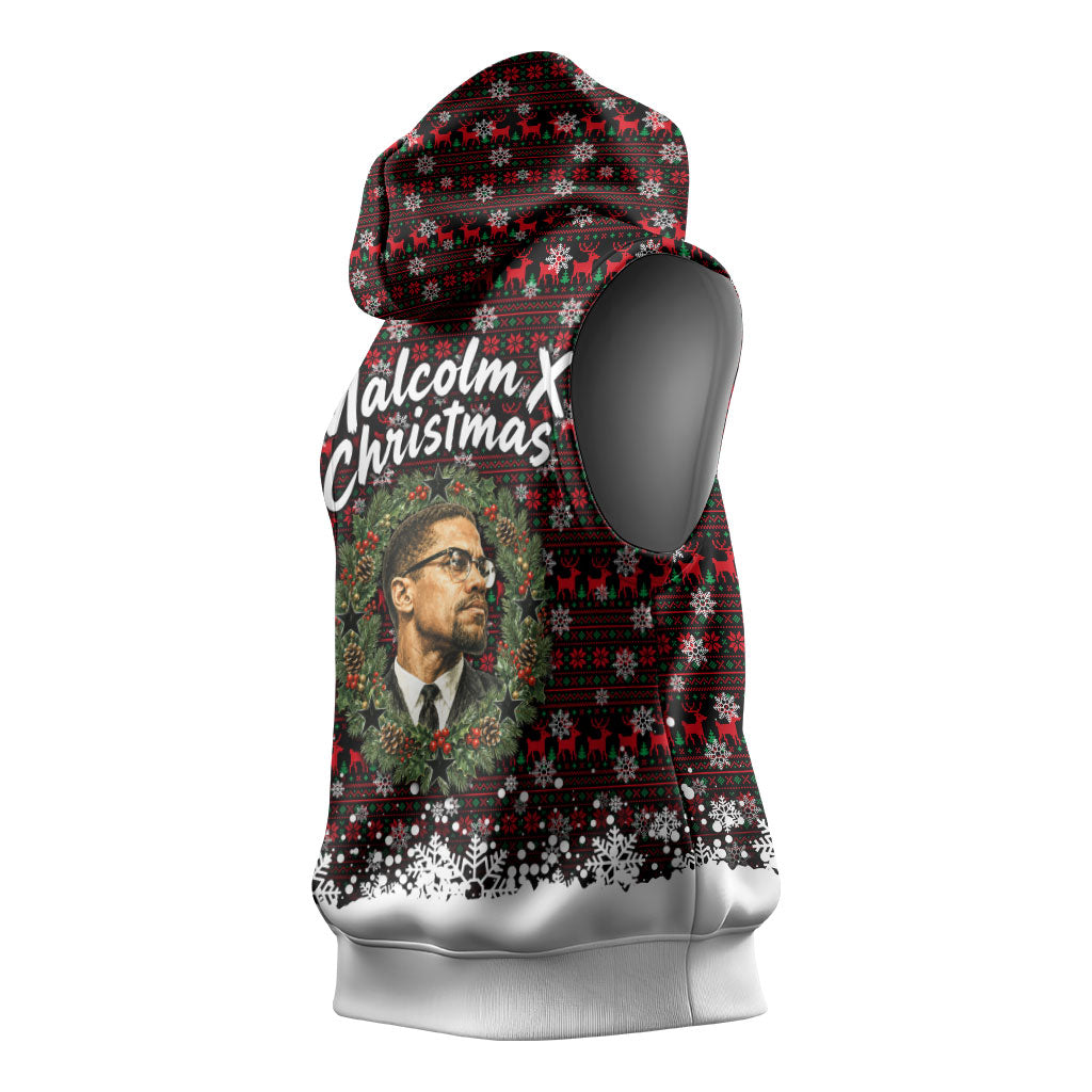 Malcolm X Christmas Sleeveless Hoodie Retro Knitted Pattern Holiday Wreath Civil Rights Leader