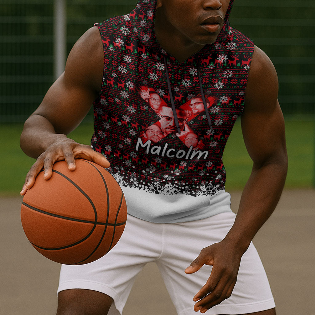 Malcolm X Christmas Sleeveless Hoodie Retro Knitted Pattern Holiday Wreath Civil Rights Leader