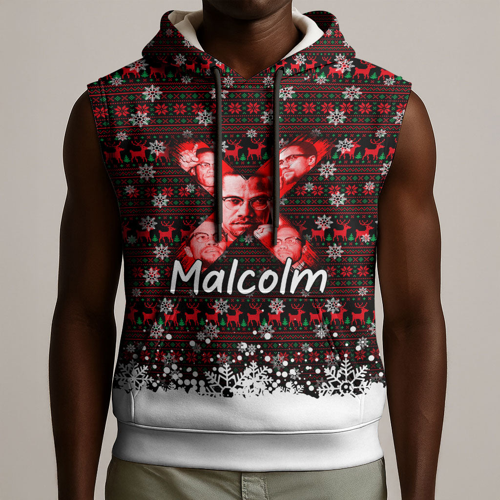 Malcolm X Christmas Sleeveless Hoodie Retro Knitted Pattern Holiday Wreath Civil Rights Leader