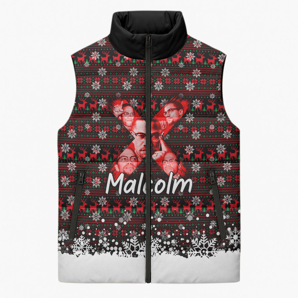 Malcolm X Christmas Sleeveless Puffer Jacket Retro Knitted Pattern Holiday Wreath Civil Rights Leader