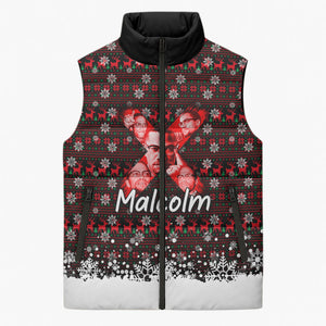 Malcolm X Christmas Sleeveless Puffer Jacket Retro Knitted Pattern Holiday Wreath Civil Rights Leader