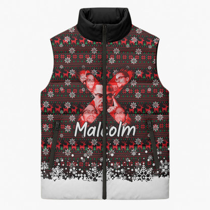 Malcolm X Christmas Sleeveless Puffer Jacket Retro Knitted Pattern Holiday Wreath Civil Rights Leader