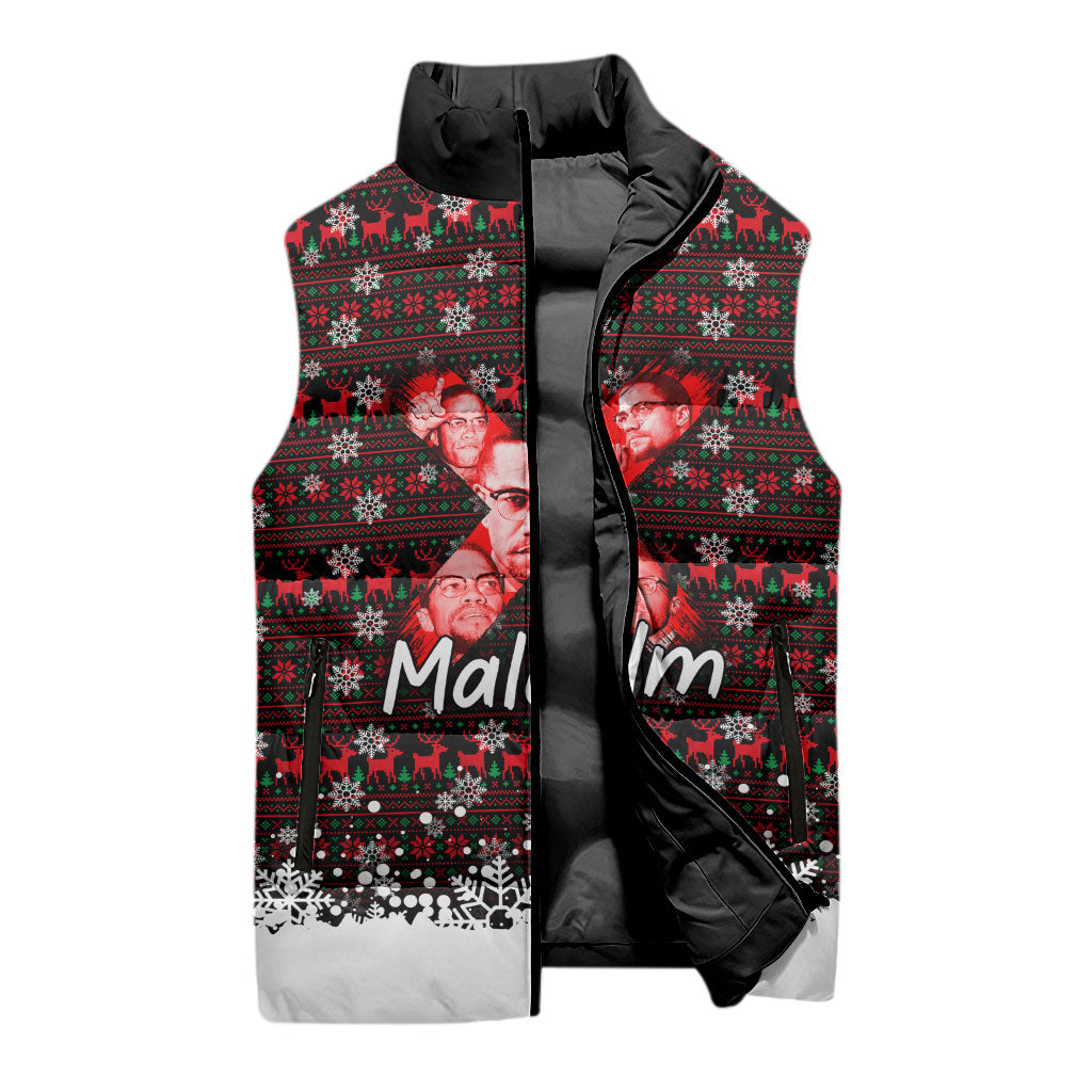 Malcolm X Christmas Sleeveless Puffer Jacket Retro Knitted Pattern Holiday Wreath Civil Rights Leader