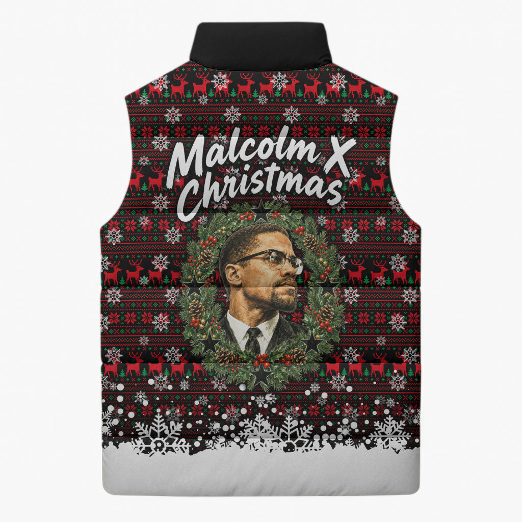Malcolm X Christmas Sleeveless Puffer Jacket Retro Knitted Pattern Holiday Wreath Civil Rights Leader