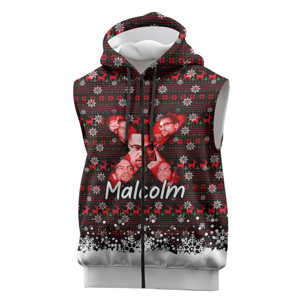 Malcolm X Christmas Sleeveless Zip Hoodie Retro Knitted Pattern Holiday Wreath Civil Rights Leader