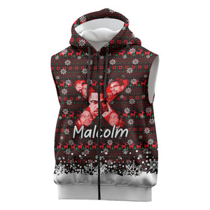 Malcolm X Christmas Sleeveless Zip Hoodie Retro Knitted Pattern Holiday Wreath Civil Rights Leader