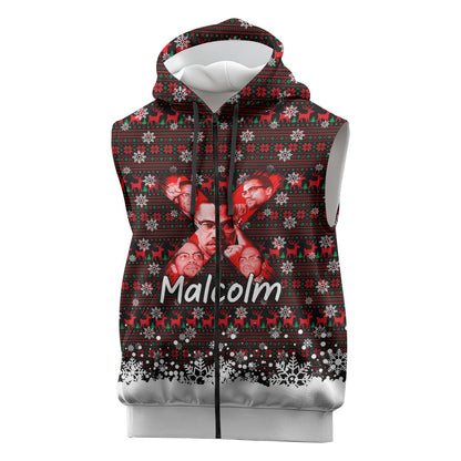 Malcolm X Christmas Sleeveless Zip Hoodie Retro Knitted Pattern Holiday Wreath Civil Rights Leader