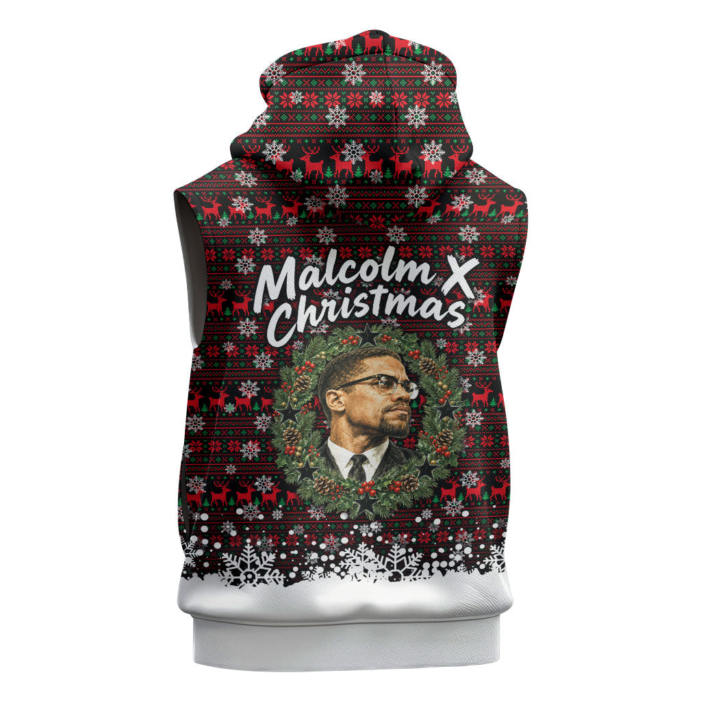 Malcolm X Christmas Sleeveless Zip Hoodie Retro Knitted Pattern Holiday Wreath Civil Rights Leader
