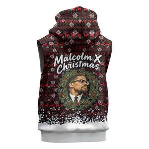 Malcolm X Christmas Sleeveless Zip Hoodie Retro Knitted Pattern Holiday Wreath Civil Rights Leader