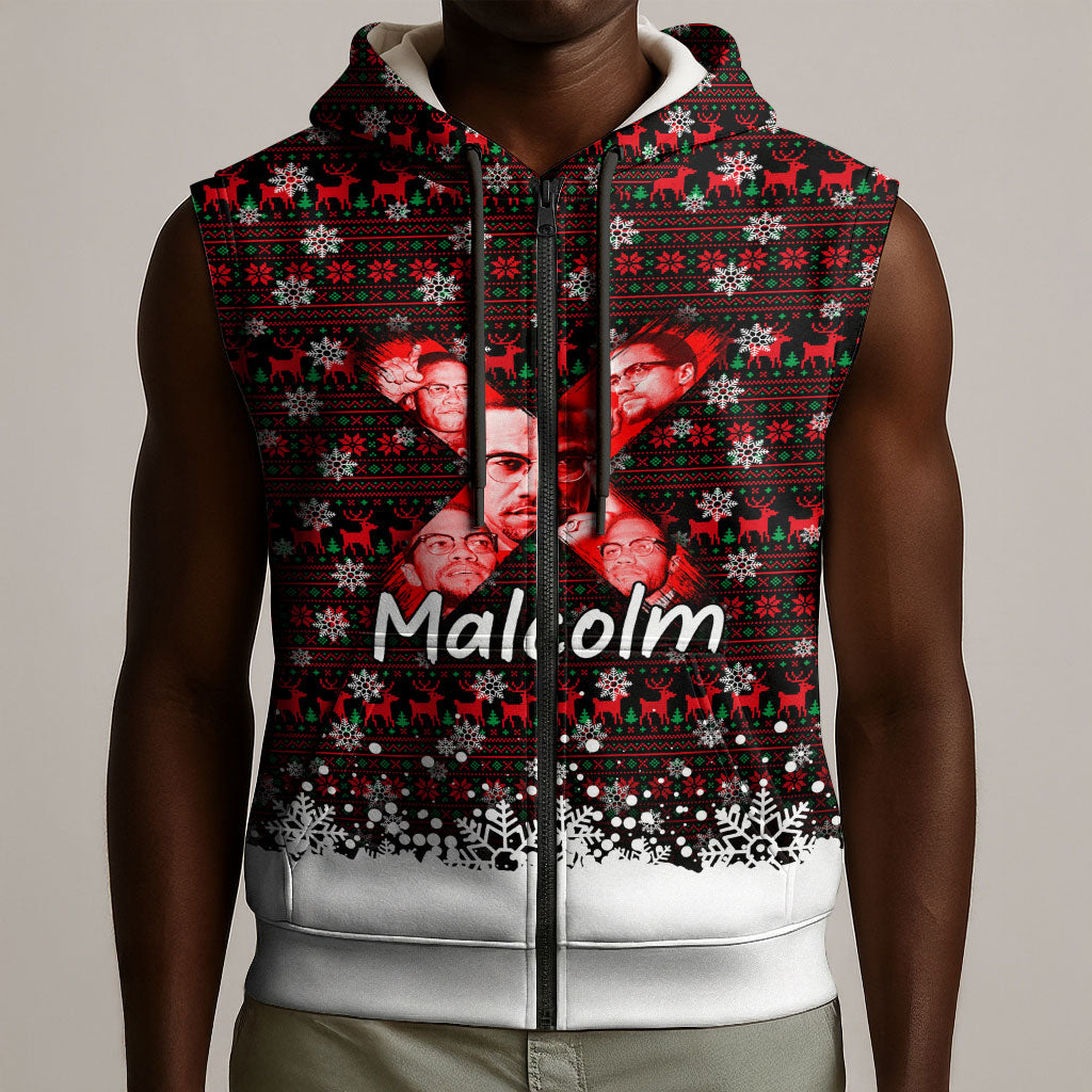Malcolm X Christmas Sleeveless Zip Hoodie Retro Knitted Pattern Holiday Wreath Civil Rights Leader