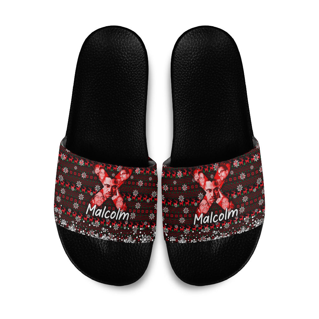 Malcolm X Christmas Slide Sandals Retro Knitted Pattern Holiday Wreath Civil Rights Leader