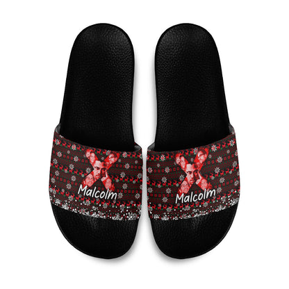 Malcolm X Christmas Slide Sandals Retro Knitted Pattern Holiday Wreath Civil Rights Leader