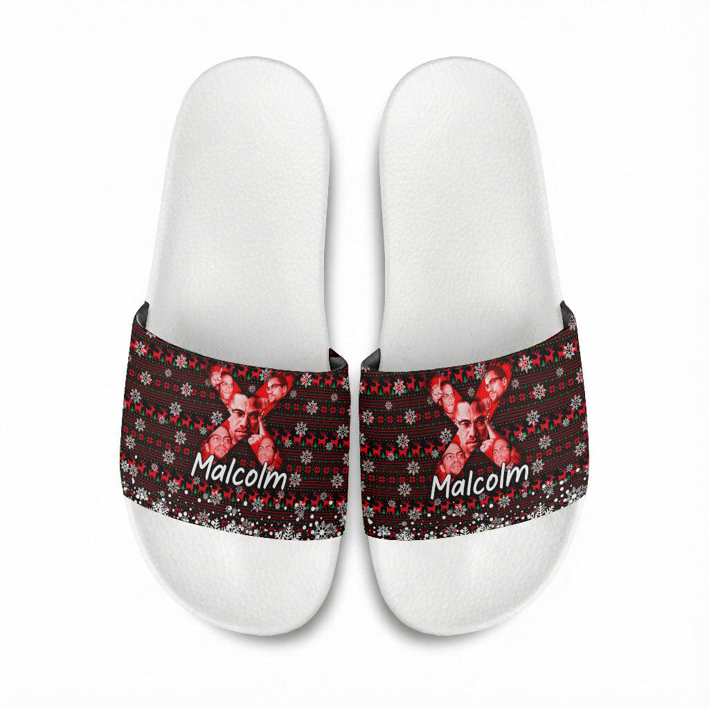 Malcolm X Christmas Slide Sandals Retro Knitted Pattern Holiday Wreath Civil Rights Leader