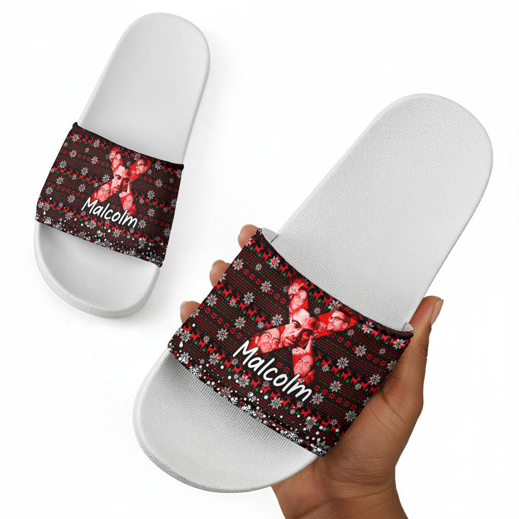 Malcolm X Christmas Slide Sandals Retro Knitted Pattern Holiday Wreath Civil Rights Leader