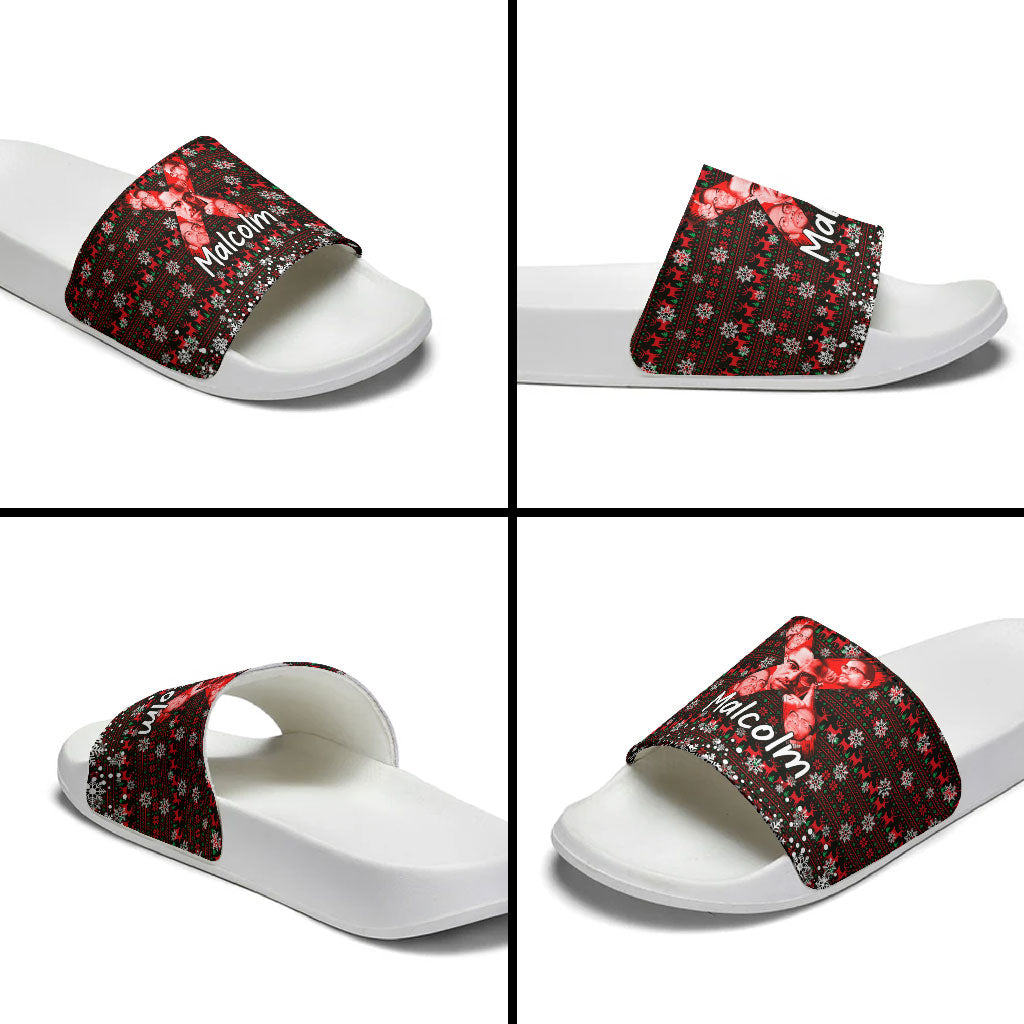 Malcolm X Christmas Slide Sandals Retro Knitted Pattern Holiday Wreath Civil Rights Leader
