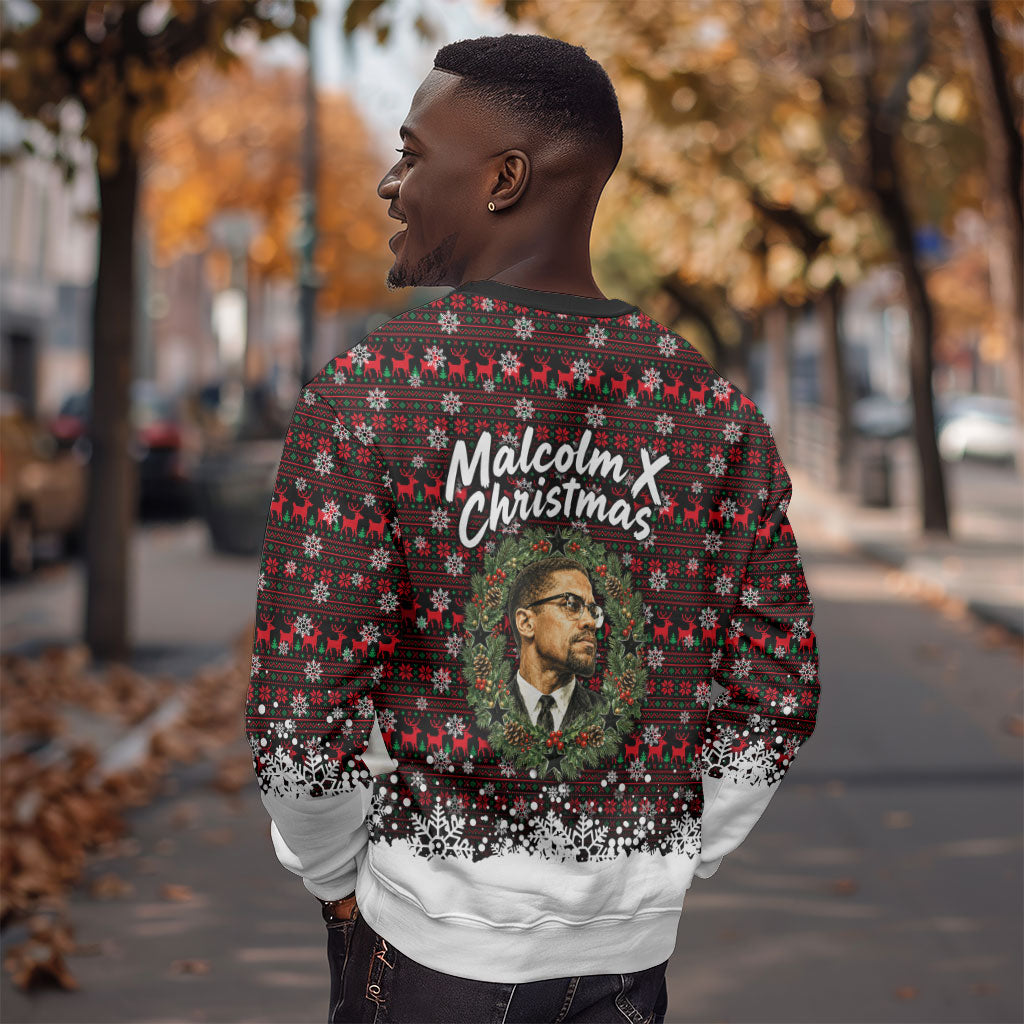Malcolm X Christmas Sweatshirt Retro Knitted Pattern Holiday Wreath Civil Rights Leader