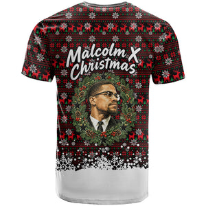 Malcolm X Christmas T shirt Retro Knitted Pattern Holiday Wreath Civil Rights Leader