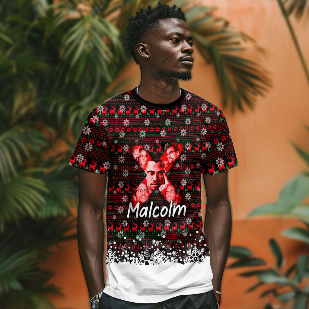 Malcolm X Christmas T shirt Retro Knitted Pattern Holiday Wreath Civil Rights Leader